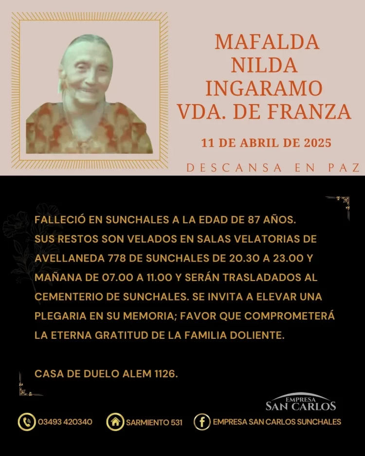 Mafalda Nilda Ingaramo vda. De Franza.
