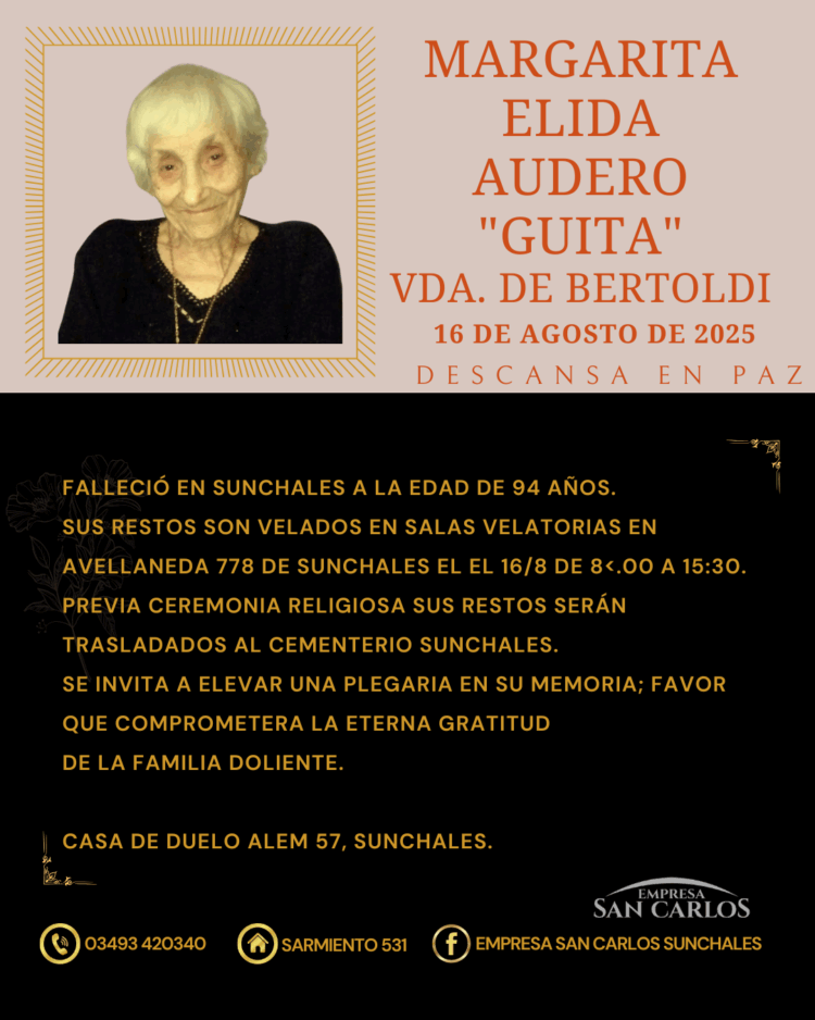 Margarita Elida Audero “Guita” Vda de Bertoldi.